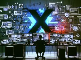Illustration einer Person vor mehreren Monitoren mit Video-Editing-Software, offenen Fenstern, Automatisierungsdiagrammen und prominentem X-Logo im Hintergrund.