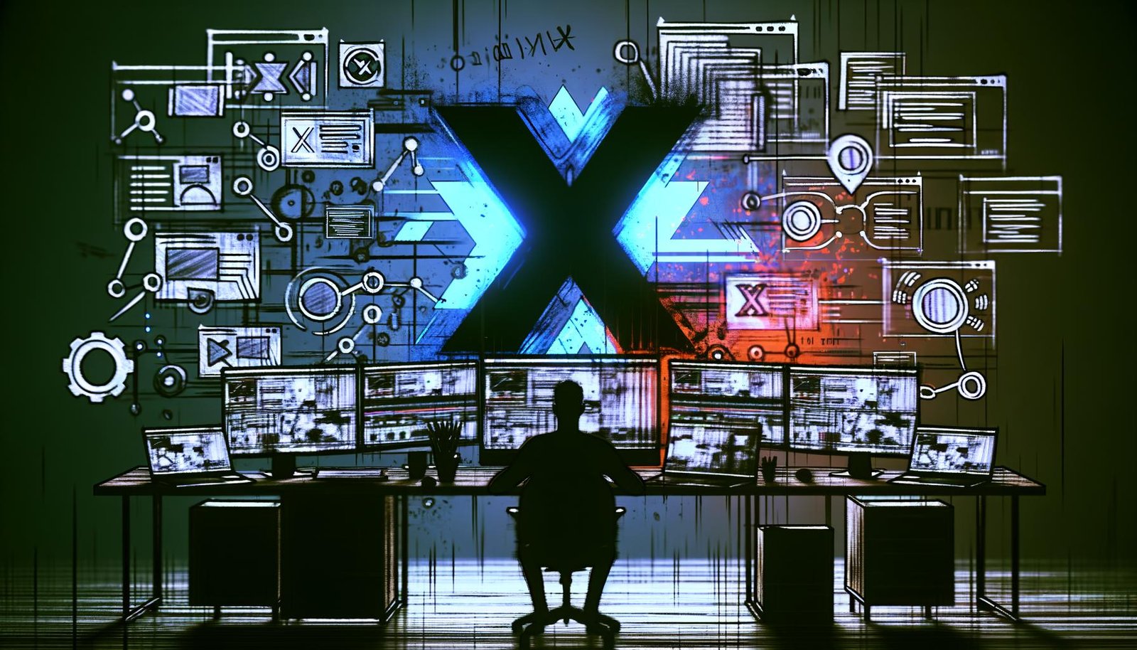 Illustration einer Person vor mehreren Monitoren mit Video-Editing-Software, offenen Fenstern, Automatisierungsdiagrammen und prominentem X-Logo im Hintergrund.