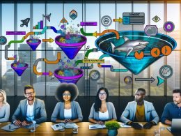 Illustration eines Marketing-Teams am großen Dashboard-Tisch mit bunten Datenströmen, KPI-Grafiken, digitalen Funnels, Conversion-Icons sowie visuellen Hinweisen auf Consent, Data Layer und Server-Side Tracking in einem modernen Hightech-Büro.