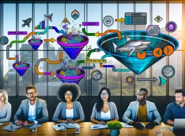 Illustration eines Marketing-Teams am großen Dashboard-Tisch mit bunten Datenströmen, KPI-Grafiken, digitalen Funnels, Conversion-Icons sowie visuellen Hinweisen auf Consent, Data Layer und Server-Side Tracking in einem modernen Hightech-Büro.