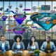 Illustration eines Marketing-Teams am großen Dashboard-Tisch mit bunten Datenströmen, KPI-Grafiken, digitalen Funnels, Conversion-Icons sowie visuellen Hinweisen auf Consent, Data Layer und Server-Side Tracking in einem modernen Hightech-Büro.