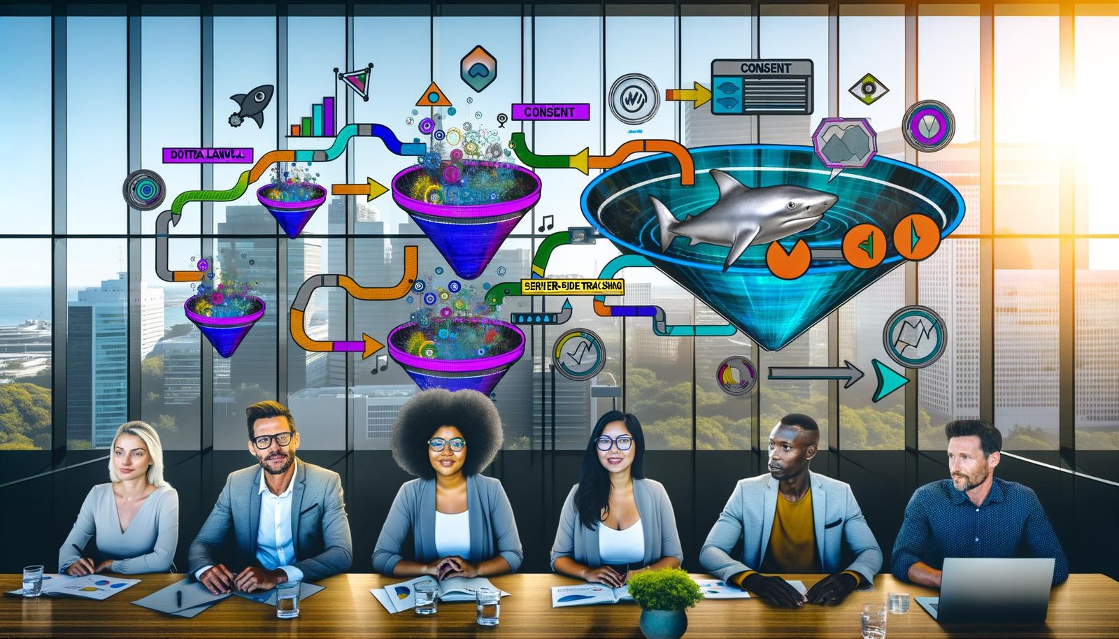Illustration eines Marketing-Teams am großen Dashboard-Tisch mit bunten Datenströmen, KPI-Grafiken, digitalen Funnels, Conversion-Icons sowie visuellen Hinweisen auf Consent, Data Layer und Server-Side Tracking in einem modernen Hightech-Büro.