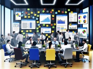 SEO-Manager diskutieren in einem modernen Büro mit Laptops, Datenvisualisierungen, Notizen und SEO-Tools.