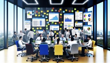 SEO-Manager diskutieren in einem modernen Büro mit Laptops, Datenvisualisierungen, Notizen und SEO-Tools.