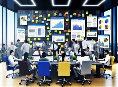 SEO-Manager diskutieren in einem modernen Büro mit Laptops, Datenvisualisierungen, Notizen und SEO-Tools.