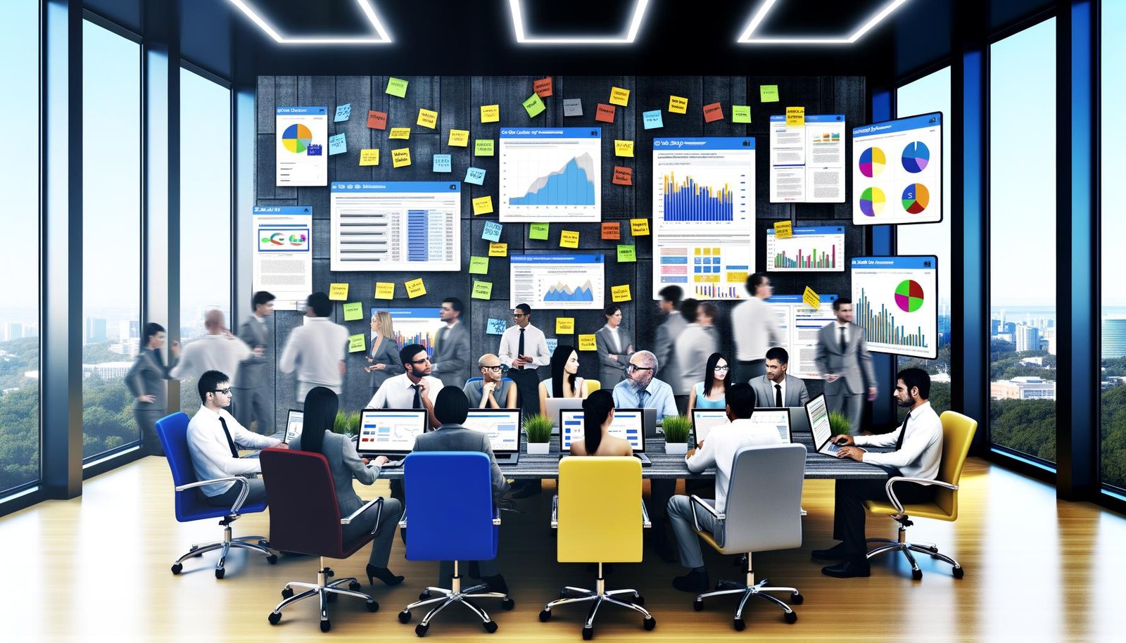 SEO-Manager diskutieren in einem modernen Büro mit Laptops, Datenvisualisierungen, Notizen und SEO-Tools.