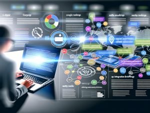 Magazin-Doppelseite im Corporate-404-Design mit Laptop, komplexen Content-Analysen, farbigen Grafiken und einem konzentrierten Marketer im digitalen Umfeld.