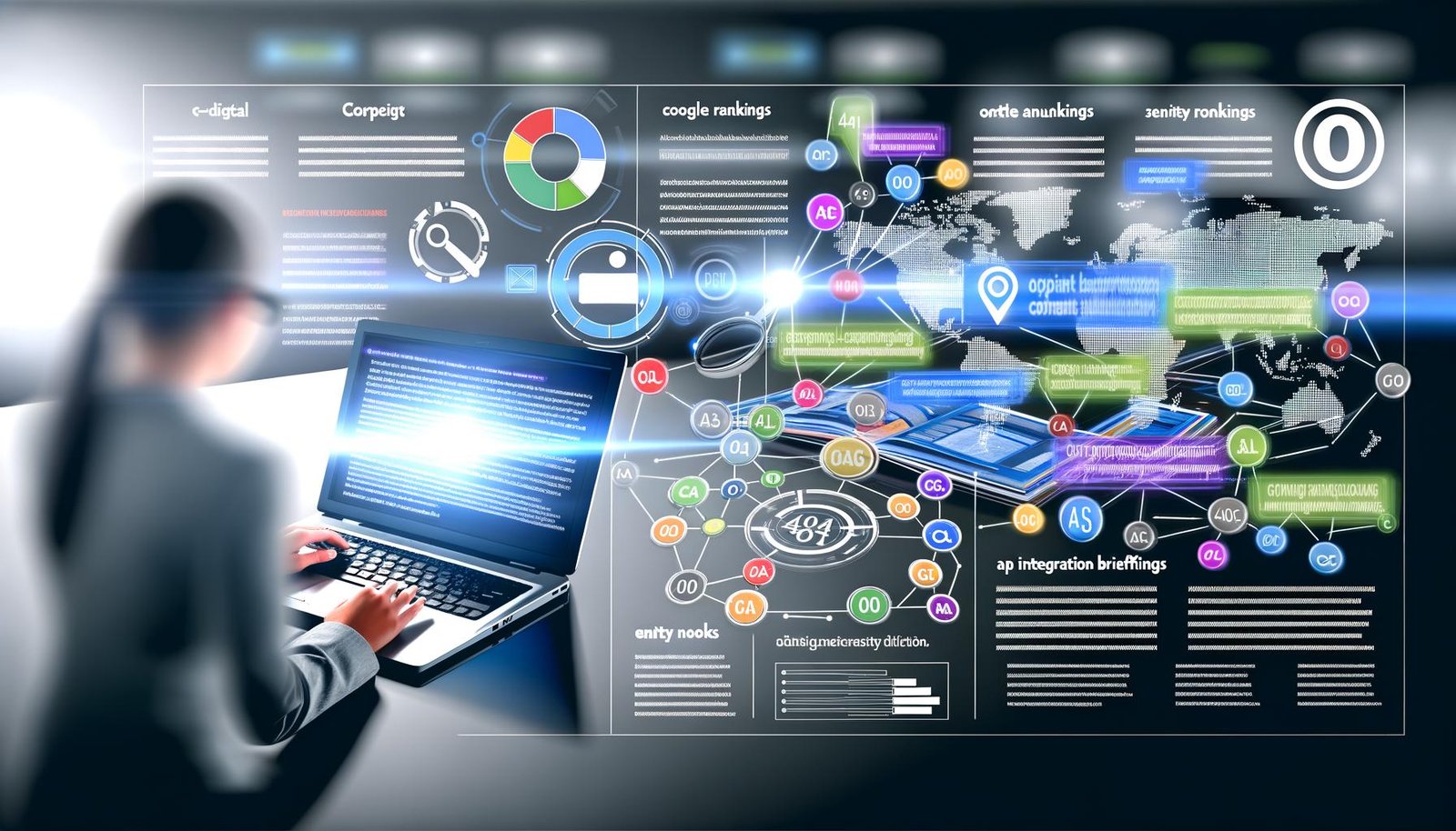Magazin-Doppelseite im Corporate-404-Design mit Laptop, komplexen Content-Analysen, farbigen Grafiken und einem konzentrierten Marketer im digitalen Umfeld.