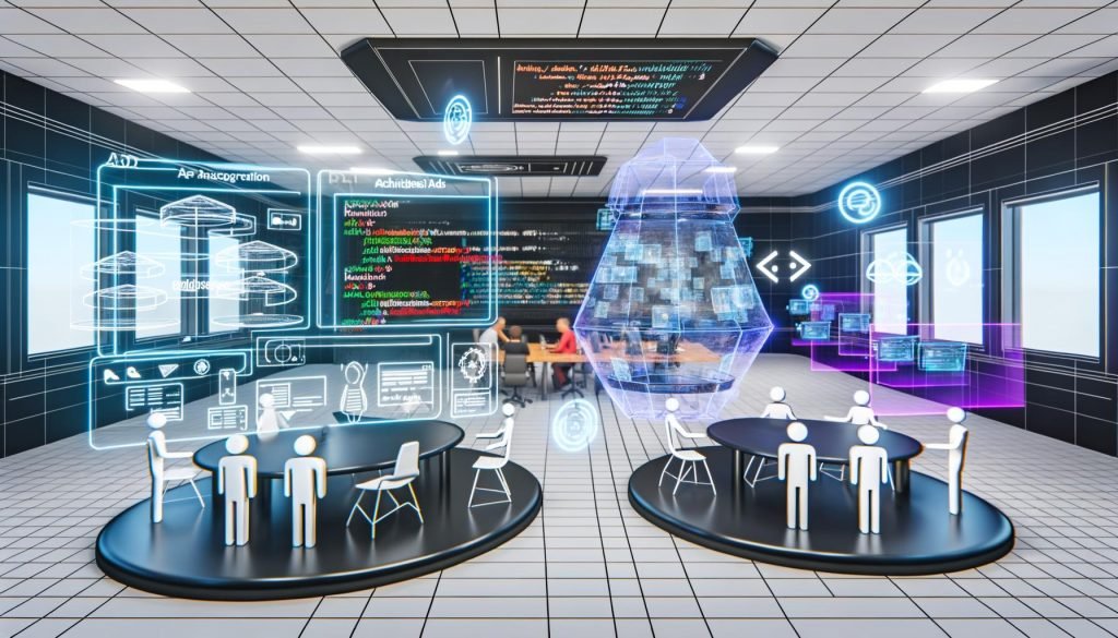 Futuristischer virtueller Newsroom mit Avataren, holografischen Dashboards und transparentem UI, das Revcontent Native Ads zeigt, umgeben von Projektionen von Code und API-Architektur.