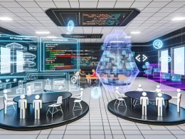 Futuristischer virtueller Newsroom mit Avataren, holografischen Dashboards und transparentem UI, das Revcontent Native Ads zeigt, umgeben von Projektionen von Code und API-Architektur.