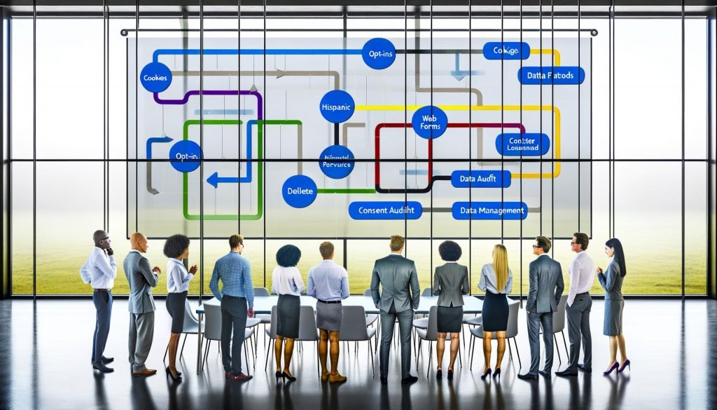 Moderner Büroraum mit interaktivem Datenschutz-Dashboard, das vielfältige Datenquellen wie Cookies, Formulare und CRM transparent visualisiert. Diverse Fachleute nutzen klare Privatsphäre-Kontrollen auf einem großen Touchscreen.