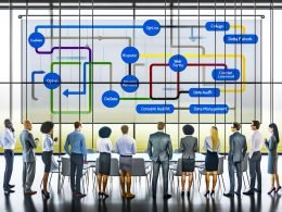 Moderner Büroraum mit interaktivem Datenschutz-Dashboard, das vielfältige Datenquellen wie Cookies, Formulare und CRM transparent visualisiert. Diverse Fachleute nutzen klare Privatsphäre-Kontrollen auf einem großen Touchscreen.