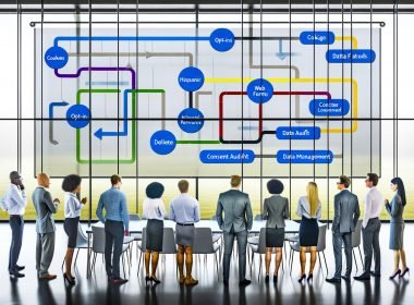 Moderner Büroraum mit interaktivem Datenschutz-Dashboard, das vielfältige Datenquellen wie Cookies, Formulare und CRM transparent visualisiert. Diverse Fachleute nutzen klare Privatsphäre-Kontrollen auf einem großen Touchscreen.