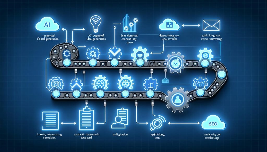 Moderne, minimalistische Editorial-Illustration eines automatisierten Content Workflows mit digitalem Fließband, Content-Bausteinen und verbundenen Tools durch leuchtende Datenlinien.