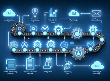 Moderne, minimalistische Editorial-Illustration eines automatisierten Content Workflows mit digitalem Fließband, Content-Bausteinen und verbundenen Tools durch leuchtende Datenlinien.