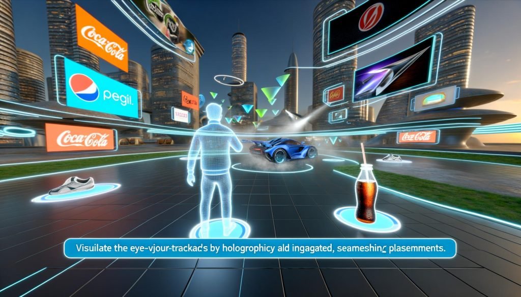 Nutzer mit VR-Headset in moderner urbaner Virtual-Reality-Welt, umgeben von natürlich integrierten 3D-Werbeobjekten wie Sportschuh, Softdrink und futuristischem Auto, mit farbenfroher und technischer Atmosphäre.
