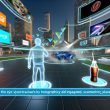 Nutzer mit VR-Headset in moderner urbaner Virtual-Reality-Welt, umgeben von natürlich integrierten 3D-Werbeobjekten wie Sportschuh, Softdrink und futuristischem Auto, mit farbenfroher und technischer Atmosphäre.