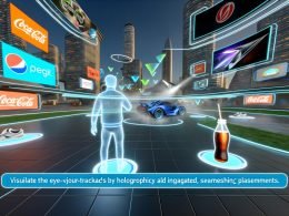 Nutzer mit VR-Headset in moderner urbaner Virtual-Reality-Welt, umgeben von natürlich integrierten 3D-Werbeobjekten wie Sportschuh, Softdrink und futuristischem Auto, mit farbenfroher und technischer Atmosphäre.