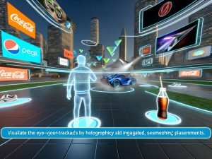 Nutzer mit VR-Headset in moderner urbaner Virtual-Reality-Welt, umgeben von natürlich integrierten 3D-Werbeobjekten wie Sportschuh, Softdrink und futuristischem Auto, mit farbenfroher und technischer Atmosphäre.