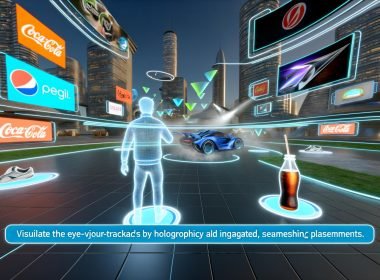 Nutzer mit VR-Headset in moderner urbaner Virtual-Reality-Welt, umgeben von natürlich integrierten 3D-Werbeobjekten wie Sportschuh, Softdrink und futuristischem Auto, mit farbenfroher und technischer Atmosphäre.