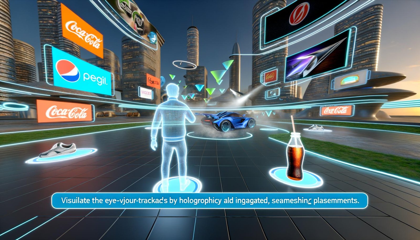 Nutzer mit VR-Headset in moderner urbaner Virtual-Reality-Welt, umgeben von natürlich integrierten 3D-Werbeobjekten wie Sportschuh, Softdrink und futuristischem Auto, mit farbenfroher und technischer Atmosphäre.