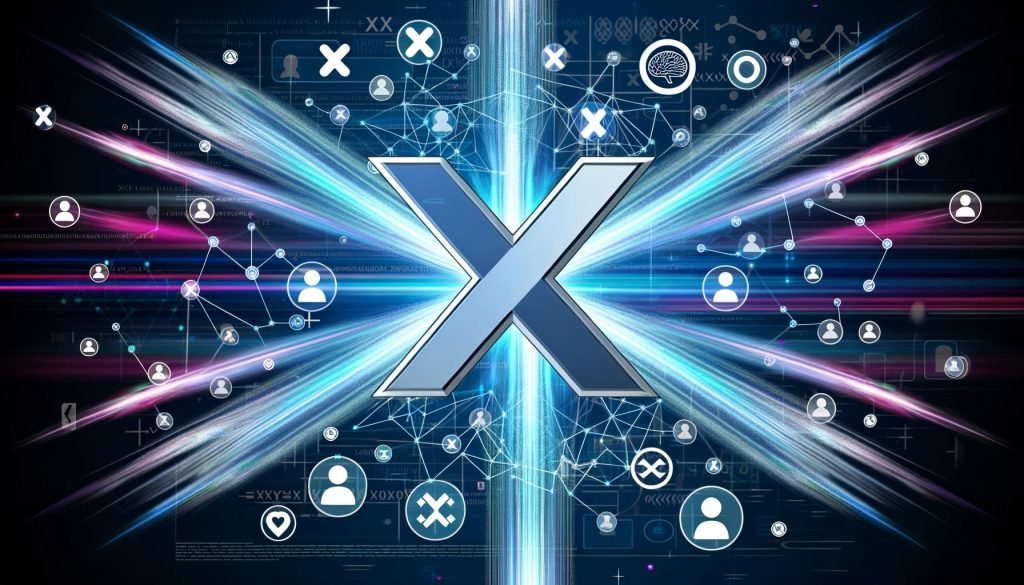 Futuristische Illustration eines halbtransparenten X-Logos im Zentrum, umgeben von digitalen Datenströmen und kreisförmig angeordneten Nutzer-Avataren, dazu Algorithmus-Symbole über dem Logo.