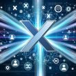 Futuristische Illustration eines halbtransparenten X-Logos im Zentrum, umgeben von digitalen Datenströmen und kreisförmig angeordneten Nutzer-Avataren, dazu Algorithmus-Symbole über dem Logo.