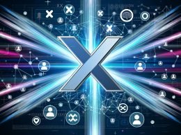 Futuristische Illustration eines halbtransparenten X-Logos im Zentrum, umgeben von digitalen Datenströmen und kreisförmig angeordneten Nutzer-Avataren, dazu Algorithmus-Symbole über dem Logo.
