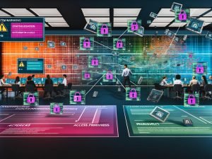 Modernes, helles Büro mit digital vernetzten Dashboards, diversen IT-Profis, Sicherheits- und Compliance-Symbolen sowie Illustrationen zu Schatten-IT und Datensilos.
