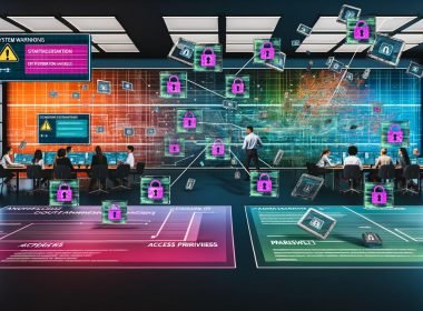 Modernes, helles Büro mit digital vernetzten Dashboards, diversen IT-Profis, Sicherheits- und Compliance-Symbolen sowie Illustrationen zu Schatten-IT und Datensilos.
