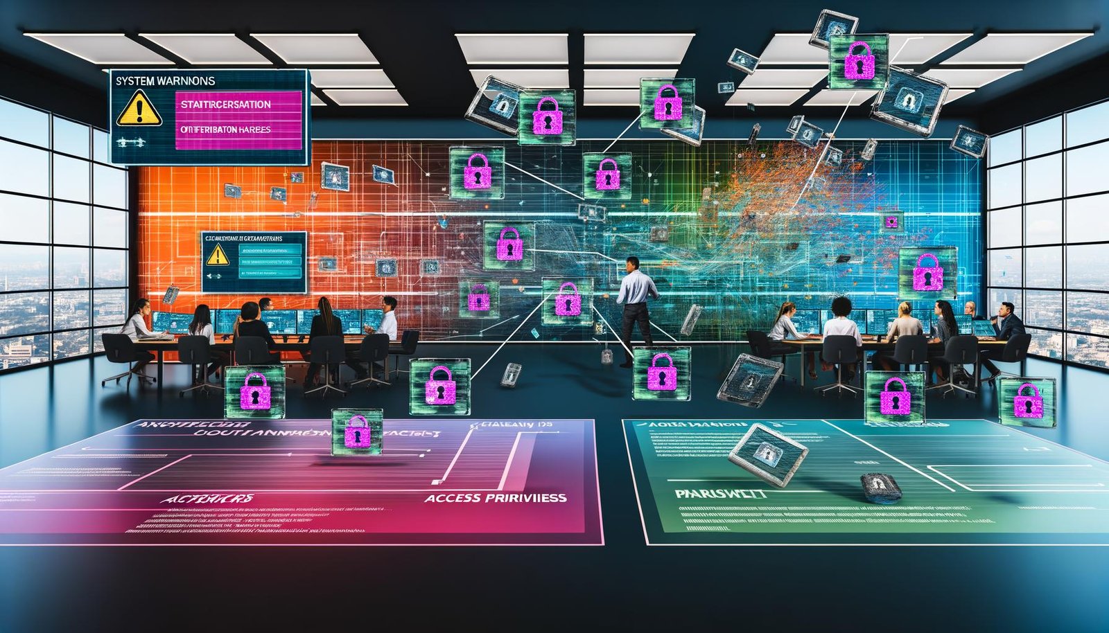 Modernes, helles Büro mit digital vernetzten Dashboards, diversen IT-Profis, Sicherheits- und Compliance-Symbolen sowie Illustrationen zu Schatten-IT und Datensilos.