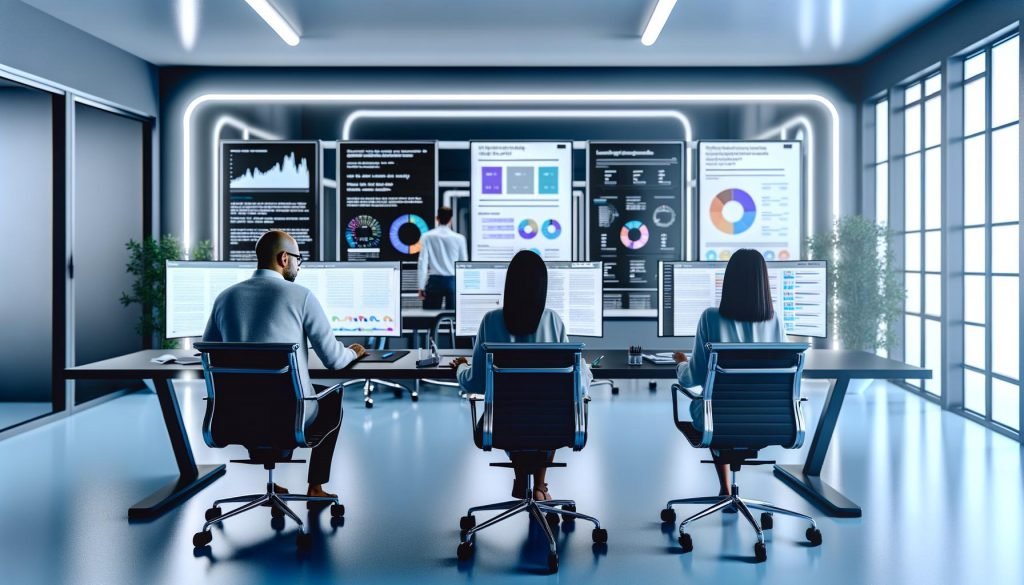 Zwei Marketer analysieren Content-KPIs an großen Bildschirmen in einem futuristischen, modern gestalteten Redaktionsbüro, mit Live-Dashboards und 404 Magazine Cover im Hintergrund.
