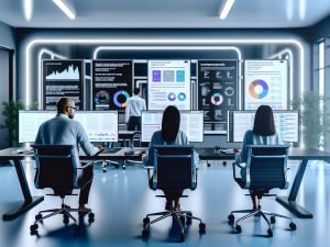 Zwei Marketer analysieren Content-KPIs an großen Bildschirmen in einem futuristischen, modern gestalteten Redaktionsbüro, mit Live-Dashboards und 404 Magazine Cover im Hintergrund.