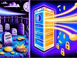 Split-Screen-Illustration zum Wandel im Digitalmarketing: Verfallene Cookies und gesperrte Browser-Icons auf der einen Seite, offene Nutzerinteraktion und goldene Datenströme zu Revcontent-Anzeigen auf der anderen.