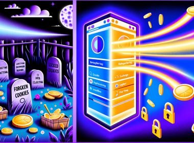Split-Screen-Illustration zum Wandel im Digitalmarketing: Verfallene Cookies und gesperrte Browser-Icons auf der einen Seite, offene Nutzerinteraktion und goldene Datenströme zu Revcontent-Anzeigen auf der anderen.
