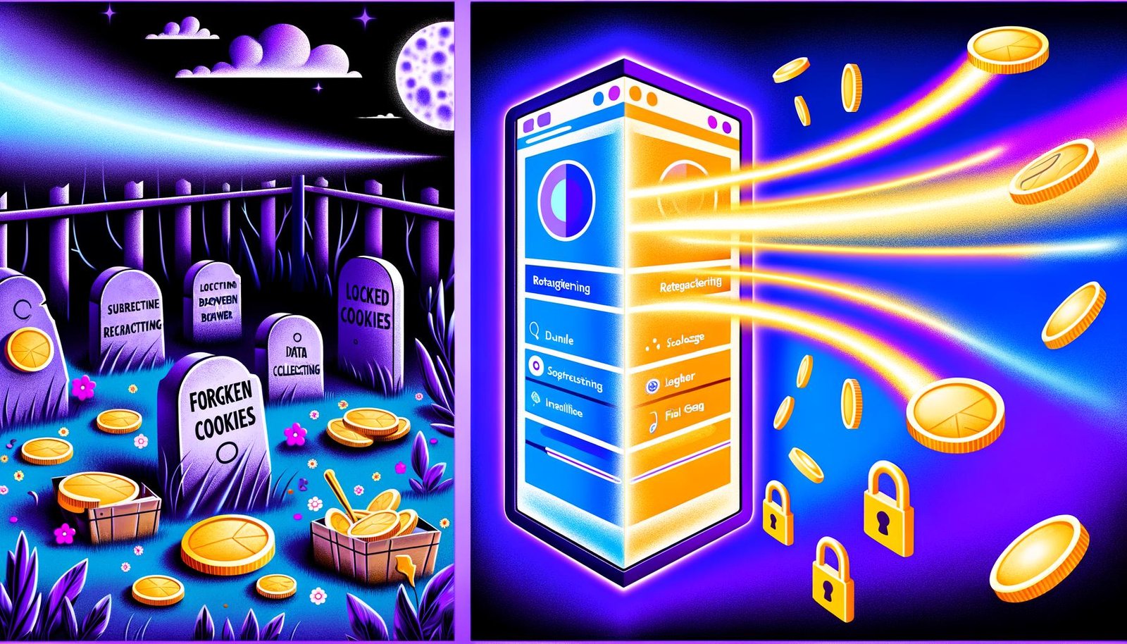 Split-Screen-Illustration zum Wandel im Digitalmarketing: Verfallene Cookies und gesperrte Browser-Icons auf der einen Seite, offene Nutzerinteraktion und goldene Datenströme zu Revcontent-Anzeigen auf der anderen.