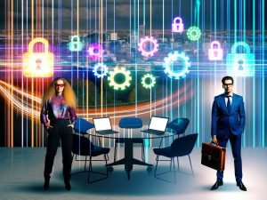 Zwei Geschäftsleute stehen sich an einem gläsernen Konferenztisch gegenüber, zwischen ihnen digitale Datenströme mit Symbolen wie APIs, Schlössern und Diagrammen, Großstadt im Hintergrund.