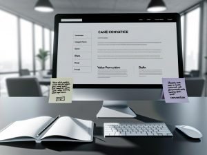 Moderner Büroraum mit minimalistischem Webseiten-Design auf dem Monitor, Notizbuch mit Text-Entwürfen und Haftnotizen für Value Proposition und Conversion auf dem Schreibtisch.