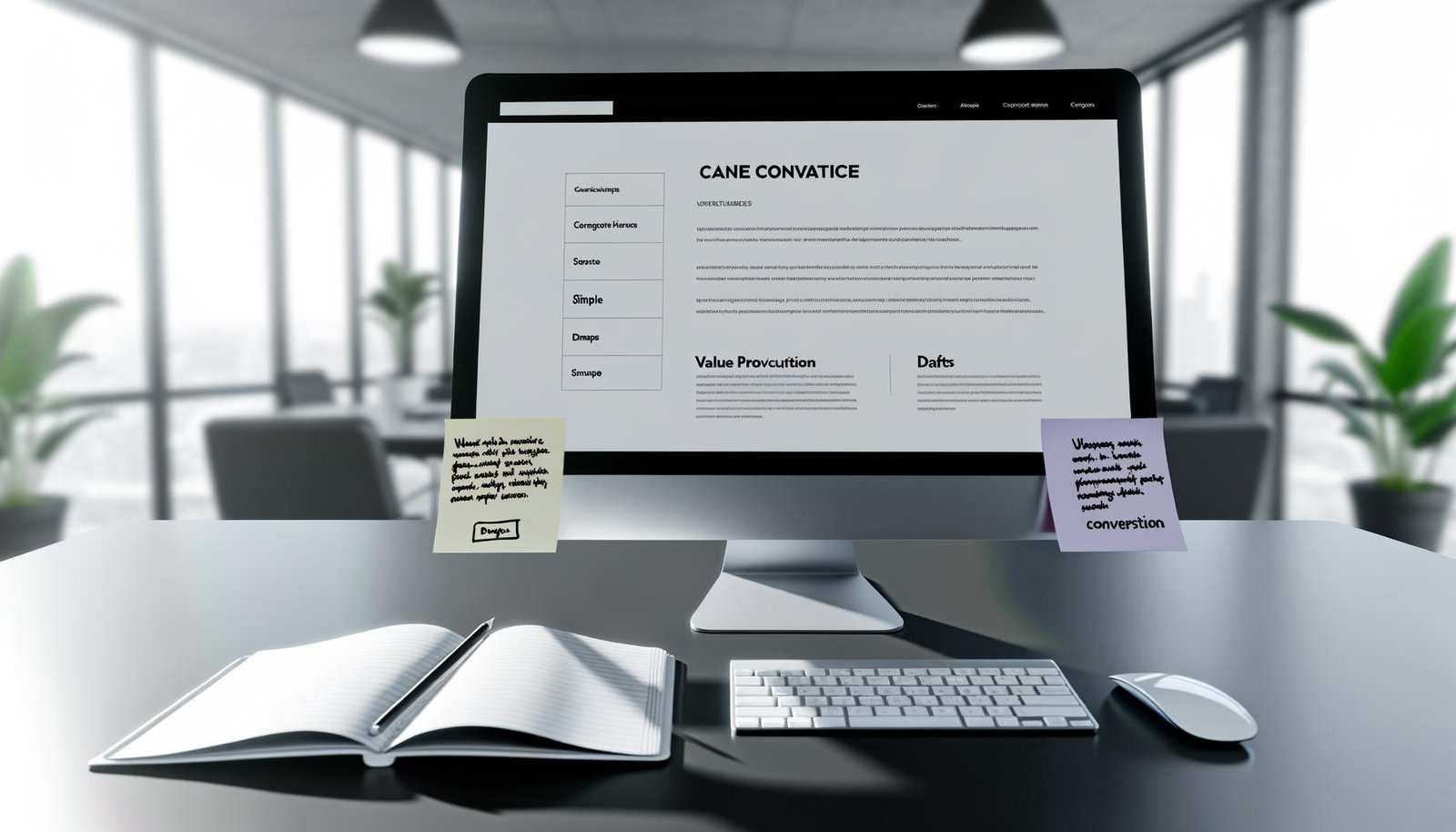 Moderner Büroraum mit minimalistischem Webseiten-Design auf dem Monitor, Notizbuch mit Text-Entwürfen und Haftnotizen für Value Proposition und Conversion auf dem Schreibtisch.