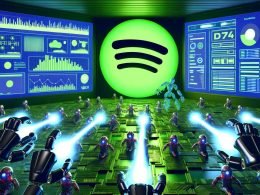 Futuristische digitale Kampfszene mit übergroßem Spotify-Logo, Roboterhänden, geisterhaften Bots, Werbetafeln und KI-Systemen in einem neonbeleuchteten Raum.