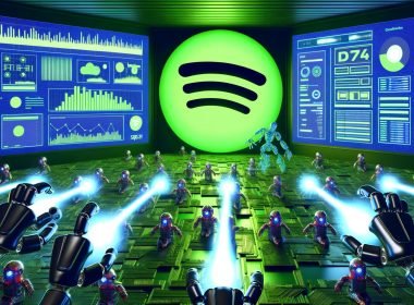 Futuristische digitale Kampfszene mit übergroßem Spotify-Logo, Roboterhänden, geisterhaften Bots, Werbetafeln und KI-Systemen in einem neonbeleuchteten Raum.