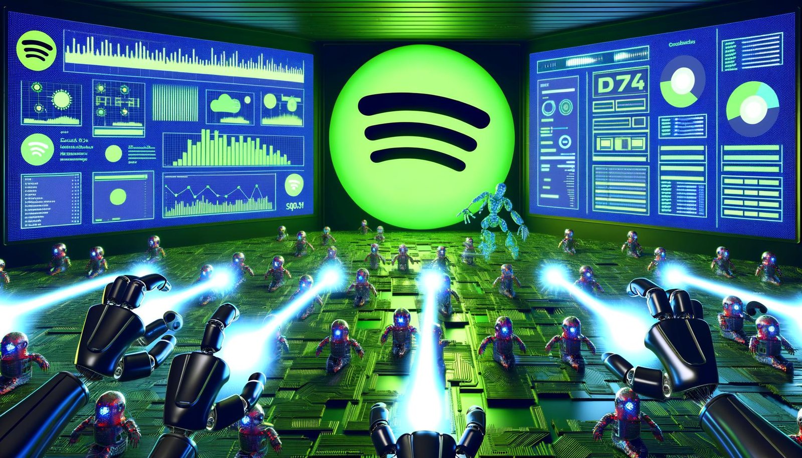 Futuristische digitale Kampfszene mit übergroßem Spotify-Logo, Roboterhänden, geisterhaften Bots, Werbetafeln und KI-Systemen in einem neonbeleuchteten Raum.