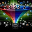 Futuristische und dynamische Grafik eines Online-Marketing-Funnels mit klaren, farbigen Segmenten, Nutzer-Silhouetten, Icons für Klicks, Formular-Ausfüllungen, Produktansichten und Käufe, umgeben von Datenpunkten und Code-Elementen.
