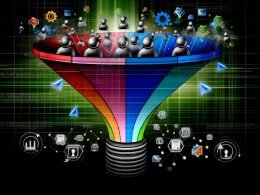 Futuristische und dynamische Grafik eines Online-Marketing-Funnels mit klaren, farbigen Segmenten, Nutzer-Silhouetten, Icons für Klicks, Formular-Ausfüllungen, Produktansichten und Käufe, umgeben von Datenpunkten und Code-Elementen.