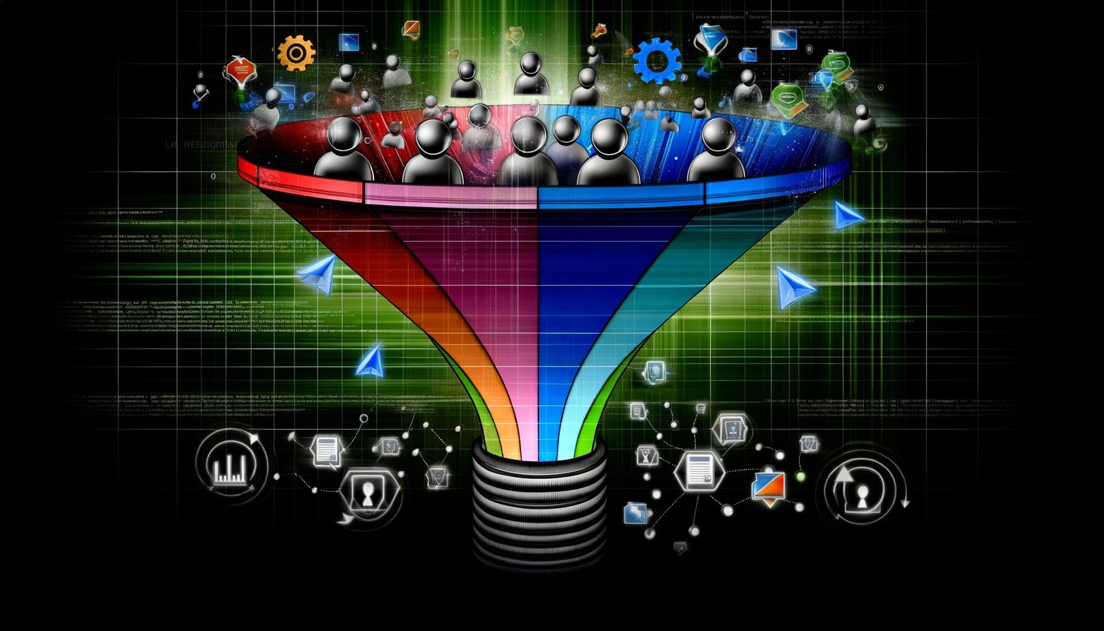 Futuristische und dynamische Grafik eines Online-Marketing-Funnels mit klaren, farbigen Segmenten, Nutzer-Silhouetten, Icons für Klicks, Formular-Ausfüllungen, Produktansichten und Käufe, umgeben von Datenpunkten und Code-Elementen.