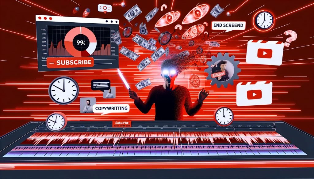 Illustration eines modernen YouTube-Creators beim Videoschnitt mit mehreren Monitoren, Call-to-Action-Elementen und Symbolen für Algorithmen, Timing und Copywriting.