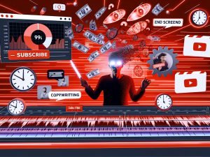 Illustration eines modernen YouTube-Creators beim Videoschnitt mit mehreren Monitoren, Call-to-Action-Elementen und Symbolen für Algorithmen, Timing und Copywriting.