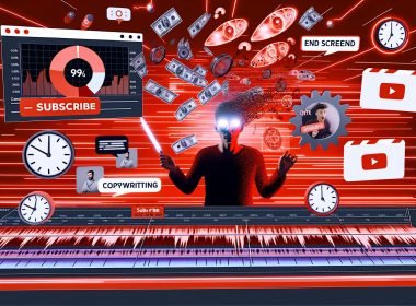 Illustration eines modernen YouTube-Creators beim Videoschnitt mit mehreren Monitoren, Call-to-Action-Elementen und Symbolen für Algorithmen, Timing und Copywriting.