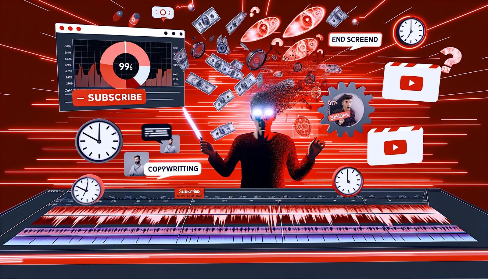 Illustration eines modernen YouTube-Creators beim Videoschnitt mit mehreren Monitoren, Call-to-Action-Elementen und Symbolen für Algorithmen, Timing und Copywriting.