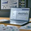 Stilisierte Szene eines modernen SEO-Arbeitsplatzes mit Laptop, der rohe Datenanalysen, Rankings und Backlinks anzeigt, umgeben von Notizen zu Workflow und Integration in einem sachlichen Umfeld.